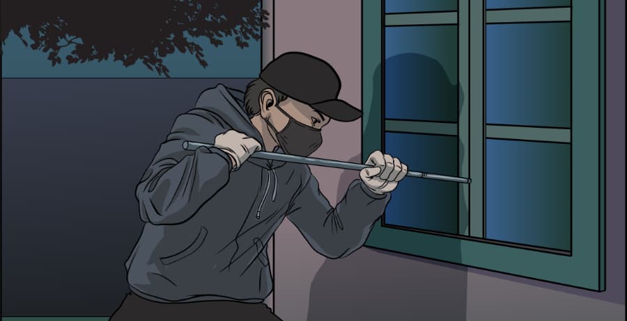 Illustration of burglar forcing entry through a window in Ann Arbor